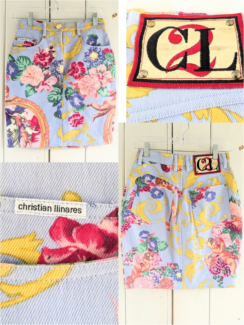 RARE! Vintage Christian Llinares Floral Baroque Denim Skirt in Lilac sz 38